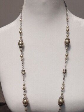 Long Glass Pearl Station Necklace